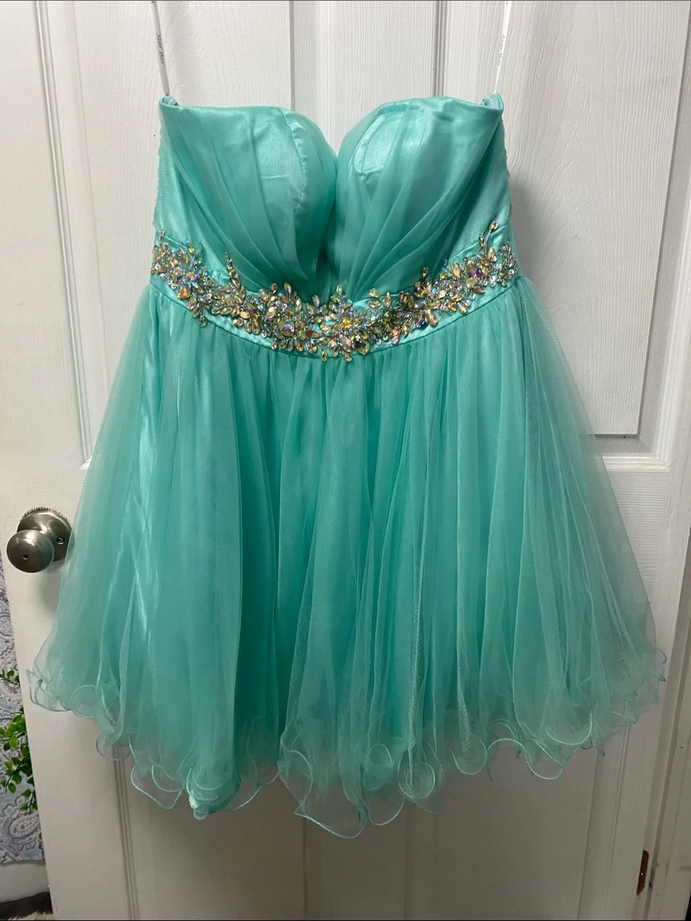 Sherri Hill Aqua Tulle Party Dress with Jeweled Waistband